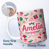 Personalized Custom Name Cute Gingerbread Candy Cane Christmas Tree Seamless Pattern Lovely 11oz Ceramic Coffee Tea Mug White Large Handle