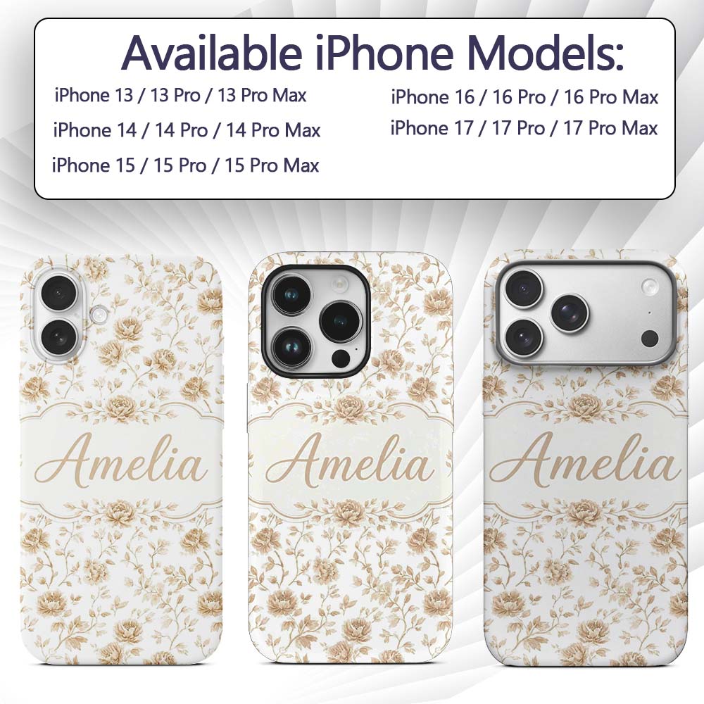 Vintage Beige Floral Botanical Elegant Seamless Custom Name Protective Phone Case Mobile Cover Durable Everyday Smartphone Shock Resistant
