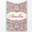 Pink Teal Vintage Ornamental Tile Floral Pattern Symmetrical Design  Personalised Custom Name Super Soft Fleece Blanket Bed Sofa Throw