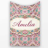 Pink Teal Vintage Ornamental Tile Floral Pattern Symmetrical Design  Personalised Custom Name Super Soft Fleece Blanket Bed Sofa Throw