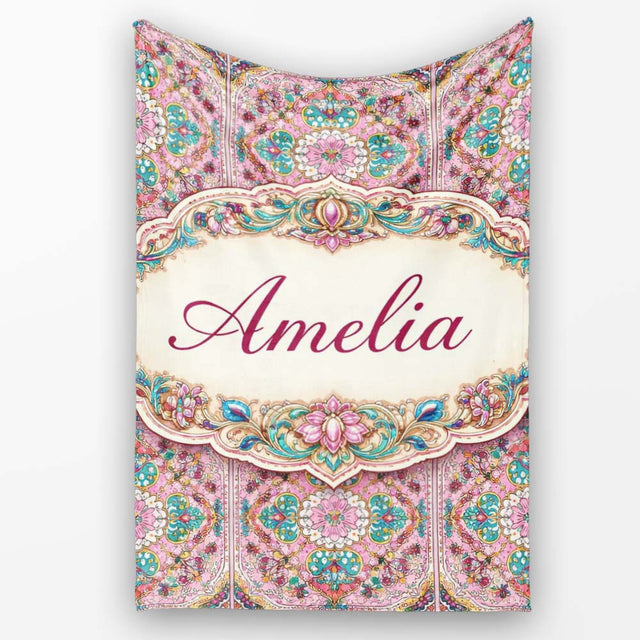 Pink Teal Vintage Ornamental Tile Floral Pattern Symmetrical Design  Personalised Custom Name Super Soft Fleece Blanket Bed Sofa Throw
