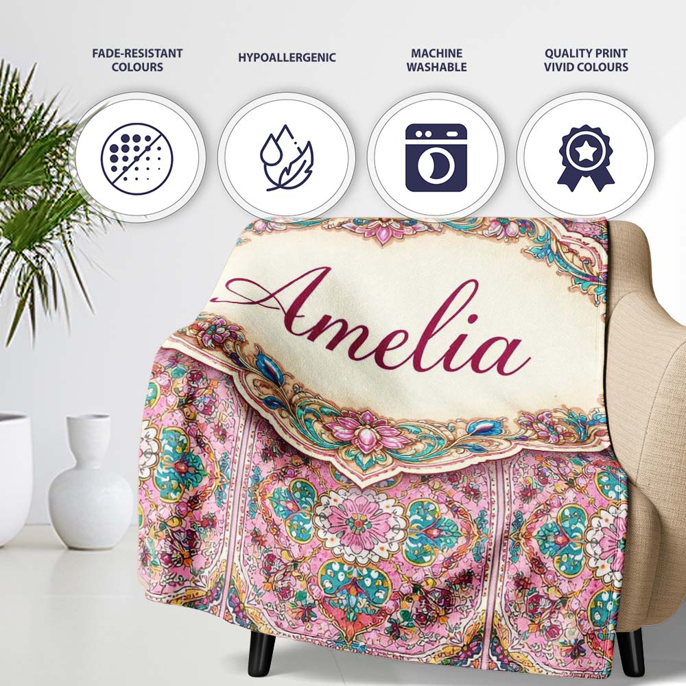 Pink Teal Vintage Ornamental Tile Floral Pattern Symmetrical Design  Personalised Custom Name Super Soft Fleece Blanket Bed Sofa Throw