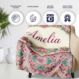 Pink Teal Vintage Ornamental Tile Floral Pattern Symmetrical Design  Personalised Custom Name Super Soft Fleece Blanket Bed Sofa Throw