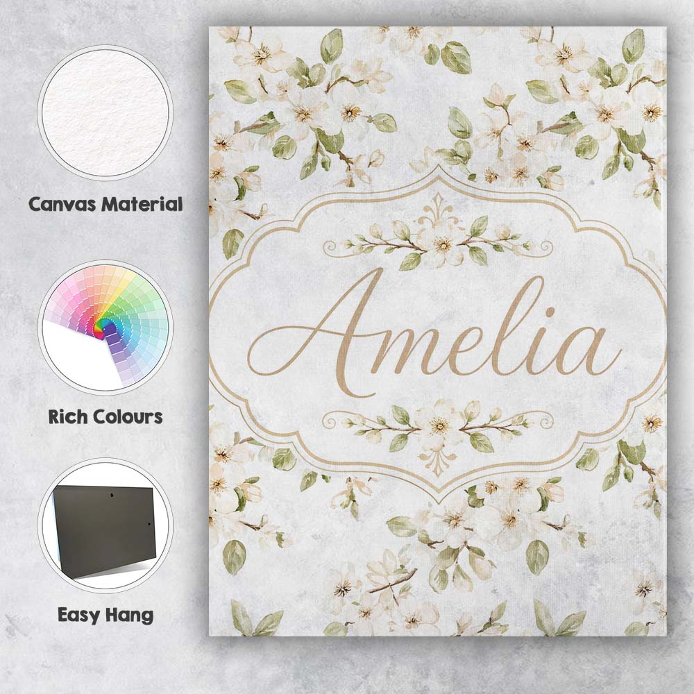 Personalised Name Soft White Blossom Floral Custom  Bespoke Interior Contemporary Canvas Wall Art Print Decor Picture Ready to Hang