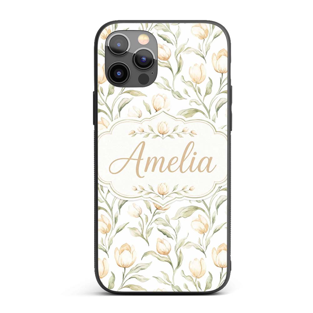 Elegant Neutral Tulip Botanical Seamless Pattern Custom Name Protective Phone Case Mobile Cover Durable Everyday Smartphone Shock Resistant