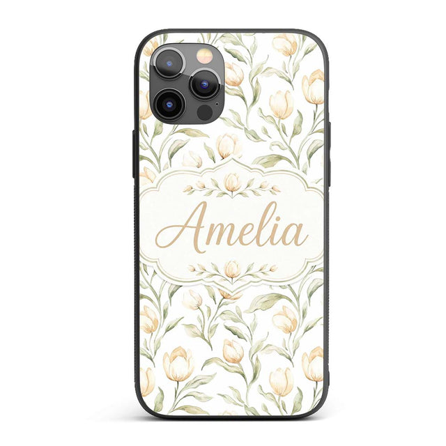 Elegant Neutral Tulip Botanical Seamless Pattern Custom Name Protective Phone Case Mobile Cover Durable Everyday Smartphone Shock Resistant
