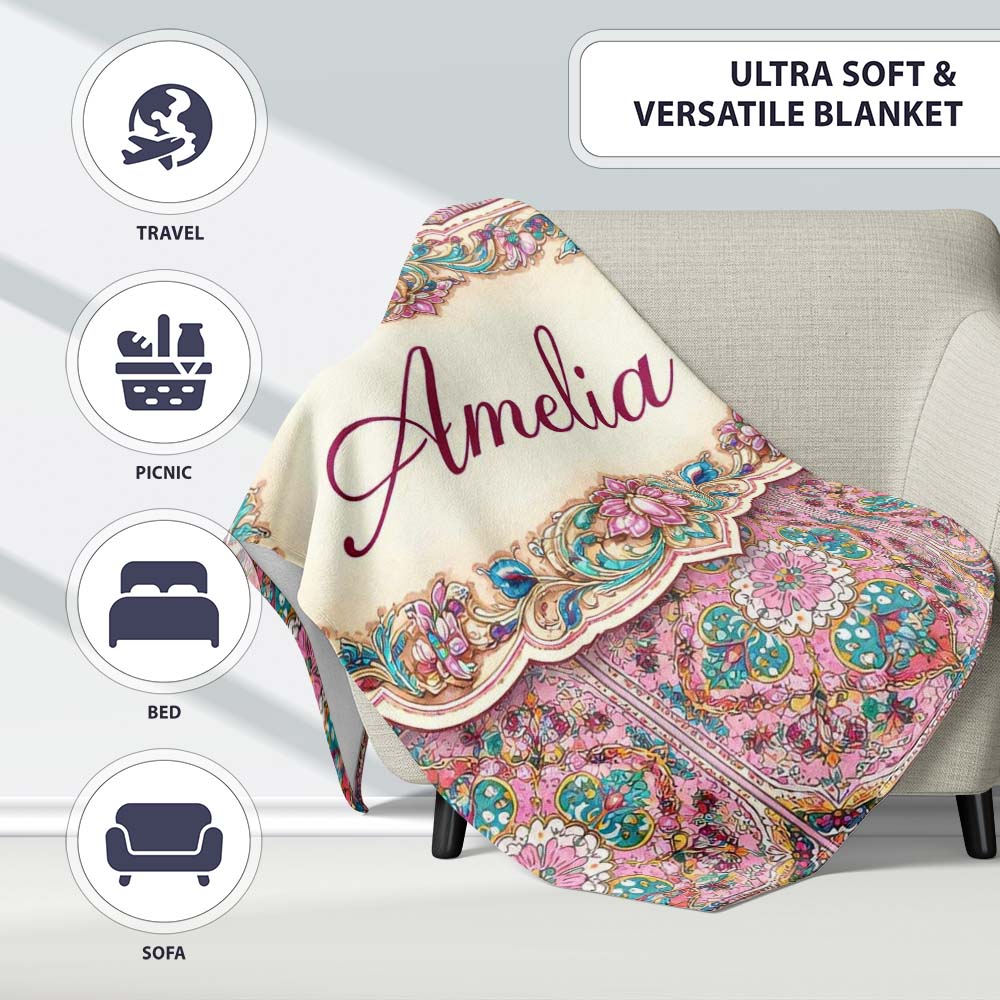 Pink Teal Vintage Ornamental Tile Floral Pattern Symmetrical Design  Personalised Custom Name Super Soft Fleece Blanket Bed Sofa Throw
