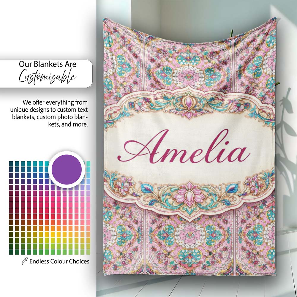 Pink Teal Vintage Ornamental Tile Floral Pattern Symmetrical Design  Personalised Custom Name Super Soft Fleece Blanket Bed Sofa Throw