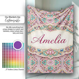 Pink Teal Vintage Ornamental Tile Floral Pattern Symmetrical Design  Personalised Custom Name Super Soft Fleece Blanket Bed Sofa Throw