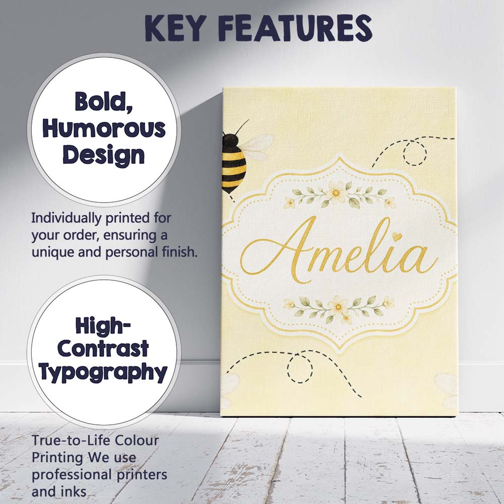 Personalised Name Cute Bumble Bee Flying Custom  Unique Gift Idea Elegant Feature Canvas Wall Art Print Decor Picture Ready to Hang