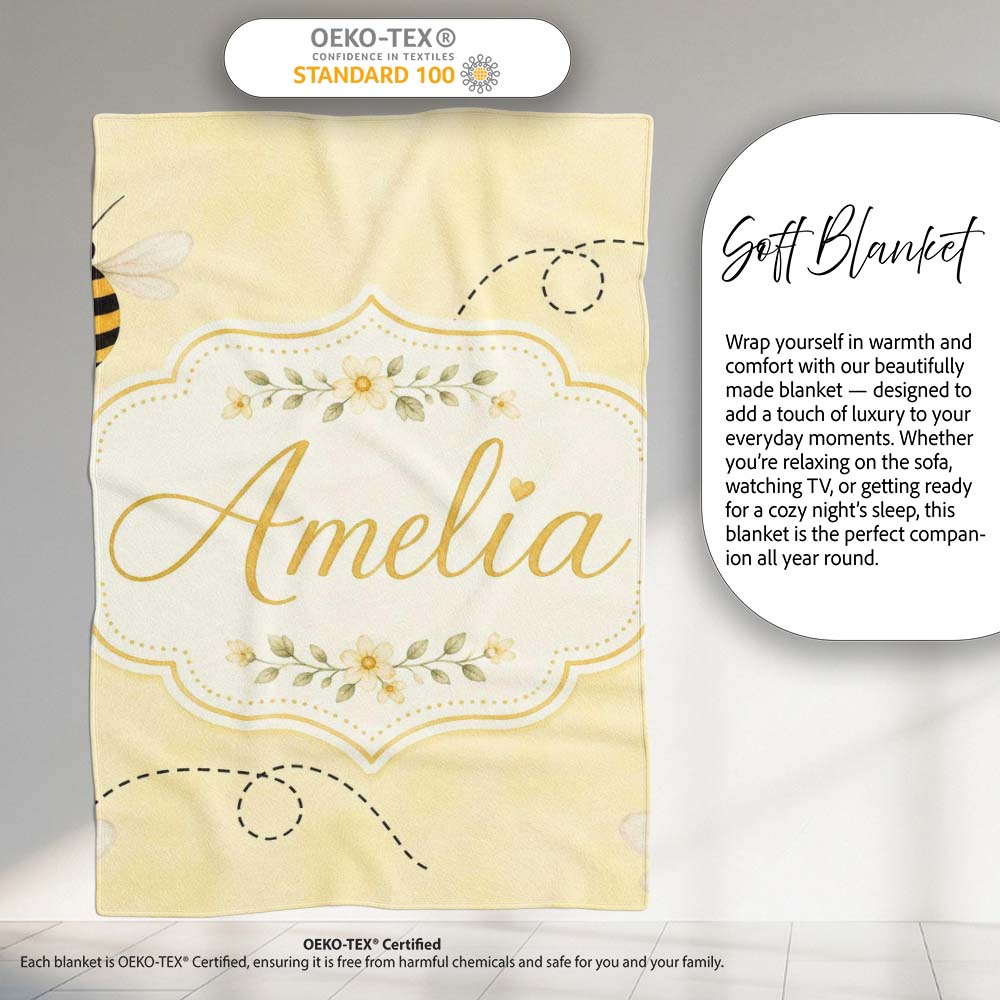 Cute Bumble Bee Flying Trail Minimal Seamless Pattern Lovely  Personalised Custom Name Super Soft Fleece Blanket Bed Sofa Throw