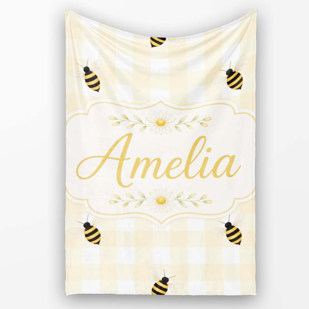 Bee and Yellow Gingham Picnic Cute Seamless Pattern Cute Unique Gift  Personalised Custom Name Super Soft Fleece Blanket Bed Sofa Throw