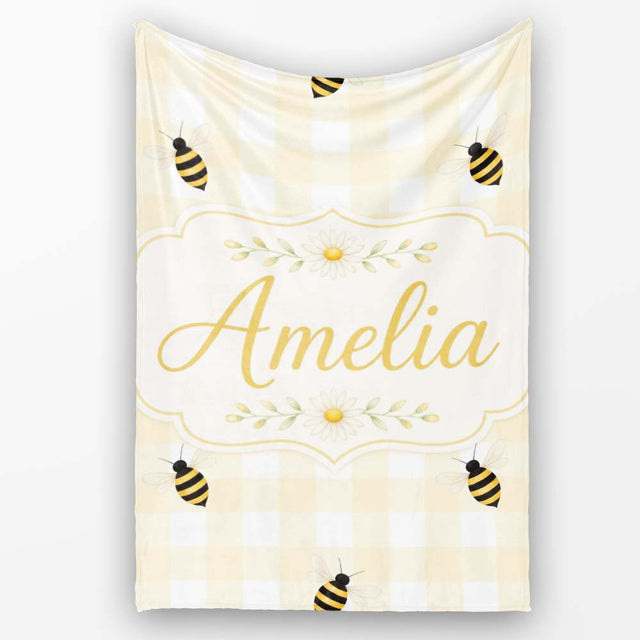 Bee and Yellow Gingham Picnic Cute Seamless Pattern Cute Unique Gift  Personalised Custom Name Super Soft Fleece Blanket Bed Sofa Throw