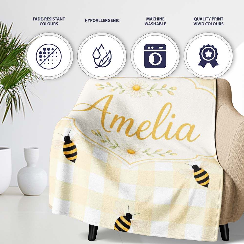 Bee and Yellow Gingham Picnic Cute Seamless Pattern Cute Unique Gift  Personalised Custom Name Super Soft Fleece Blanket Bed Sofa Throw