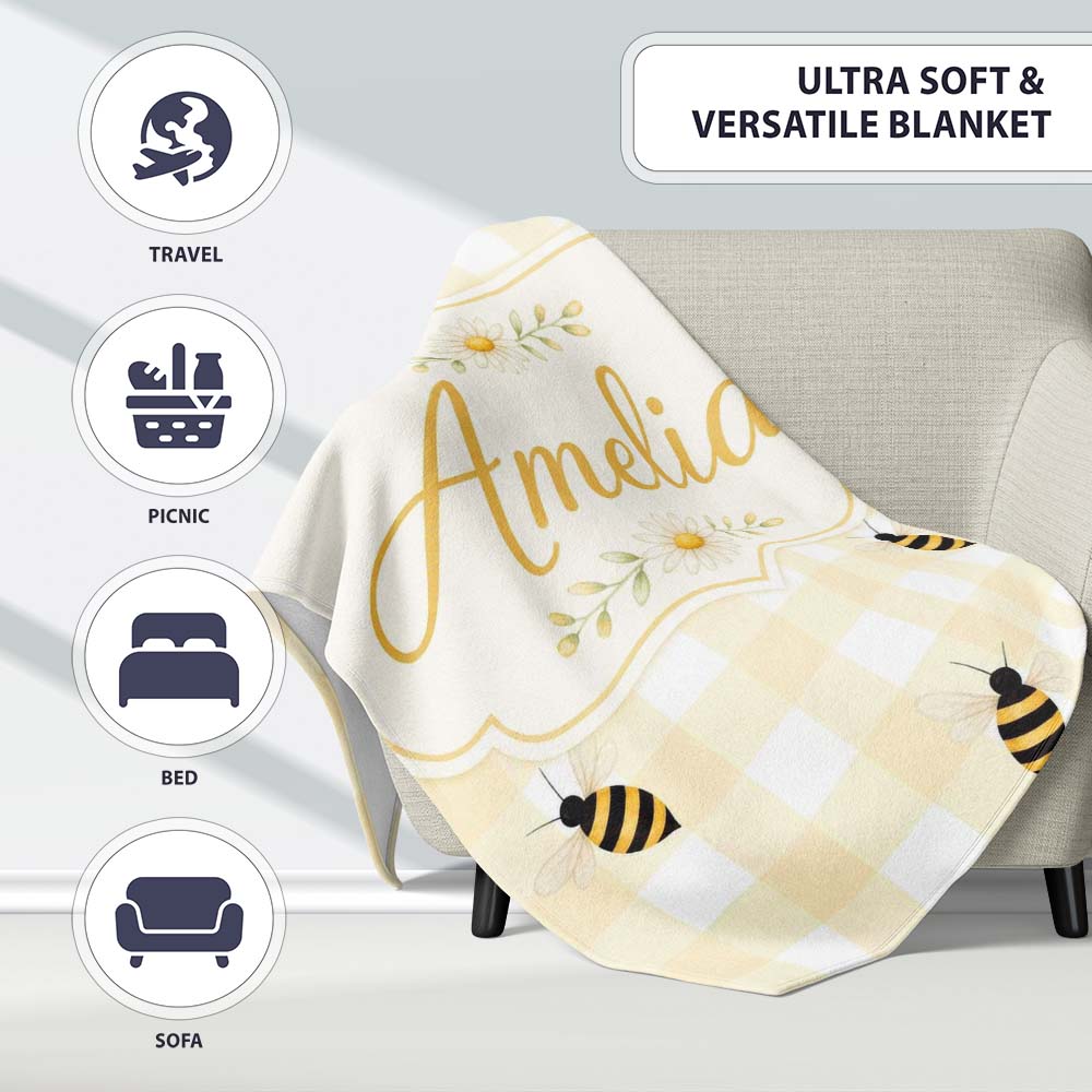 Bee and Yellow Gingham Picnic Cute Seamless Pattern Cute Unique Gift  Personalised Custom Name Super Soft Fleece Blanket Bed Sofa Throw