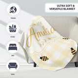 Bee and Yellow Gingham Picnic Cute Seamless Pattern Cute Unique Gift  Personalised Custom Name Super Soft Fleece Blanket Bed Sofa Throw