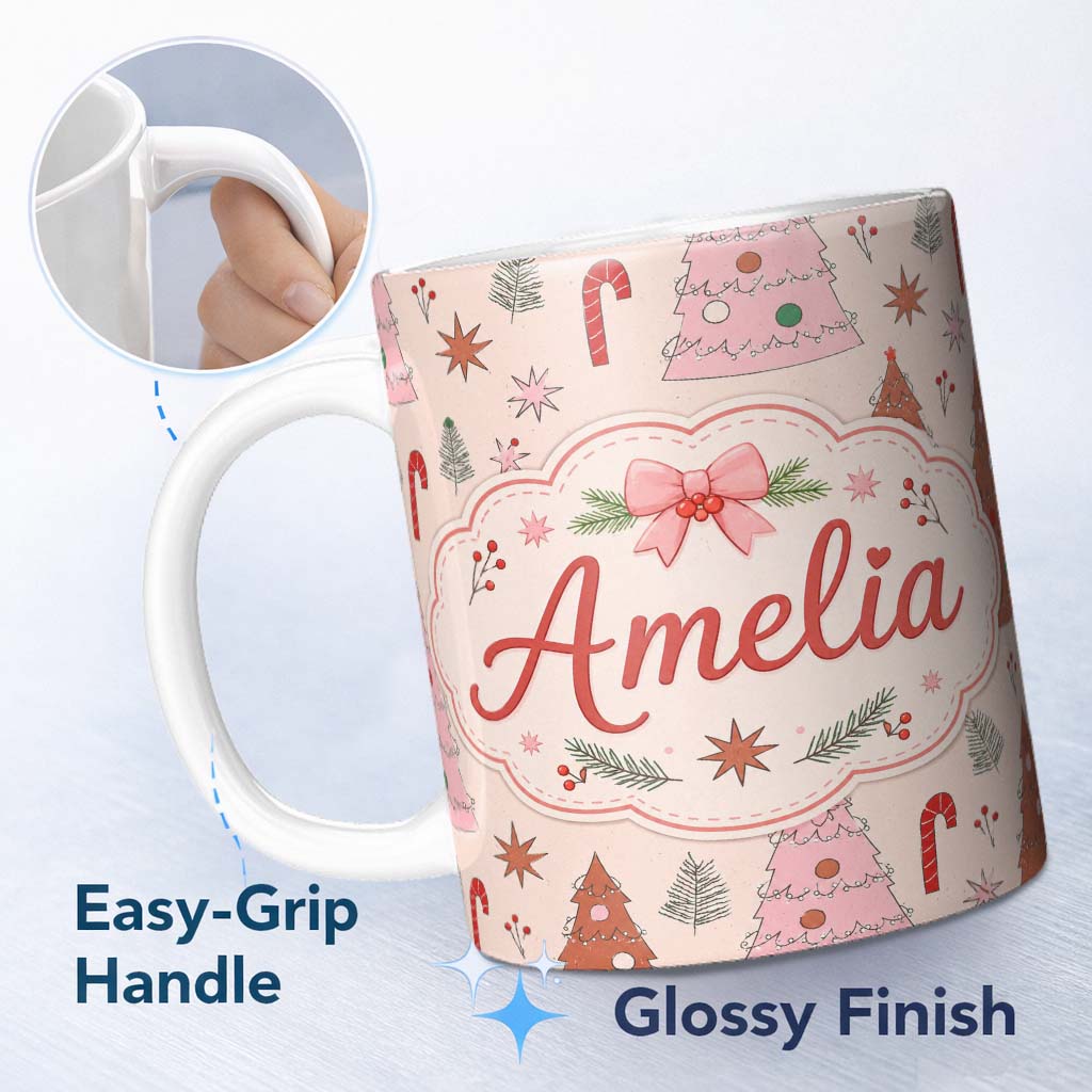 Personalized Custom Name Scandinavian Christmas Tree Candy Cane Star Seamless Pattern Lovely 11oz Ceramic Coffee Tea Mug White Large Handle