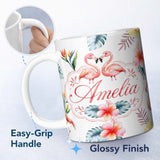 Personalized Custom Name Elegant Pink Flamingos Tropical Flowers on Pale Grey Background 11oz Ceramic Coffee Tea Mug White Large Handle