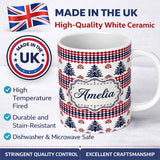 Personalized Custom Name Nordic Red Blue Christmas Tree Snowflake Seamless Pattern Lovely 11oz Ceramic Coffee Tea Mug White Large Handle