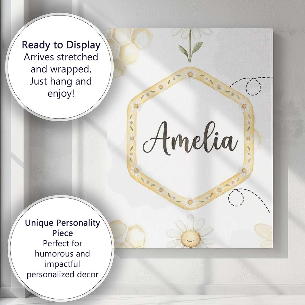 Personalised Name Soft Honey Bee and Daisy Custom  Unique Gift Idea Elegant Feature Canvas Wall Art Print Decor Picture Ready to Hang