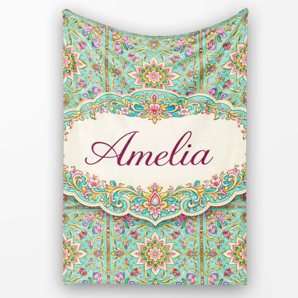 Teal Pink Mandala Floral Tile Pattern Decorative Symmetry Lovely  Personalised Custom Name Super Soft Fleece Blanket Bed Sofa Throw