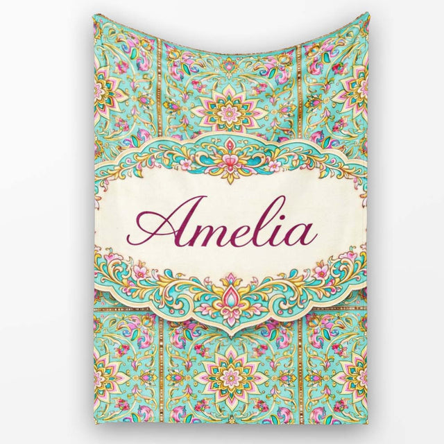 Teal Pink Mandala Floral Tile Pattern Decorative Symmetry Lovely  Personalised Custom Name Super Soft Fleece Blanket Bed Sofa Throw