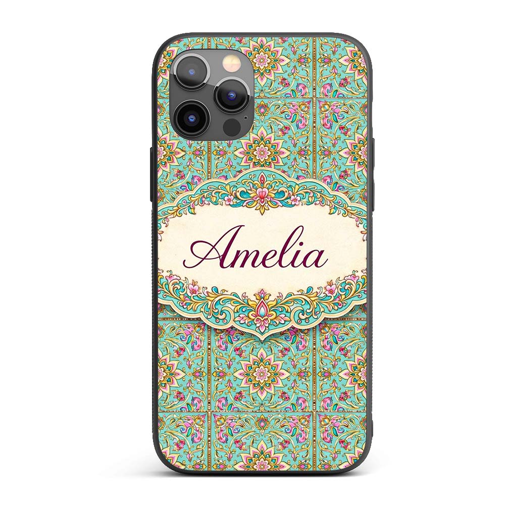 Teal Pink Mandala Floral Tile Pattern Decorative Custom Name Protective Phone Case Mobile Cover Durable Everyday Smartphone Shock Resistant