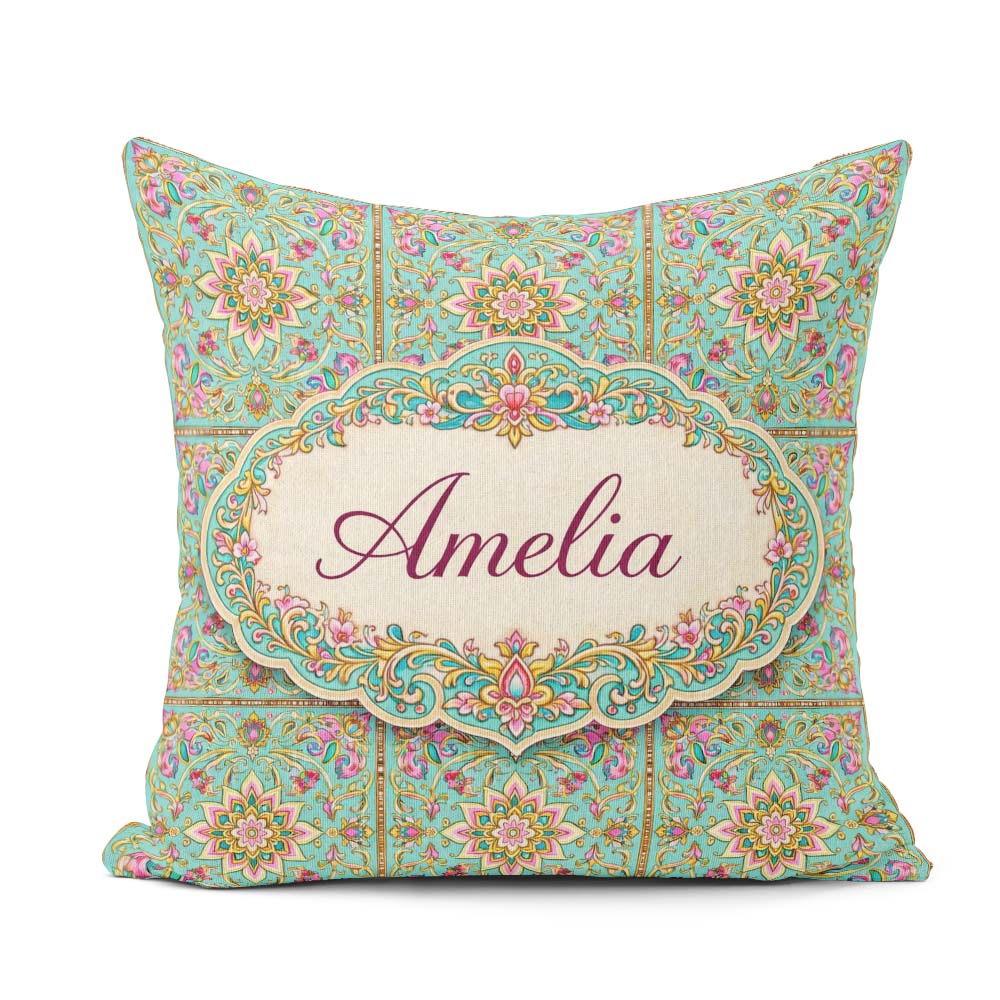 Custom Name Teal Pink Mandala Floral Pattern Decorative Symmetry Square Filled Cushion Throw Pillow Sofa Bed Home Decor Zip Washable UK Made