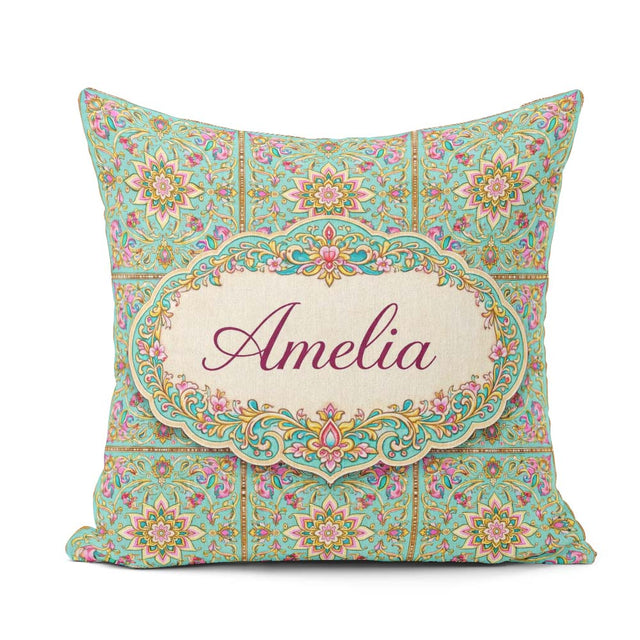 Custom Name Teal Pink Mandala Floral Pattern Decorative Symmetry Square Filled Cushion Throw Pillow Sofa Bed Home Decor Zip Washable UK Made