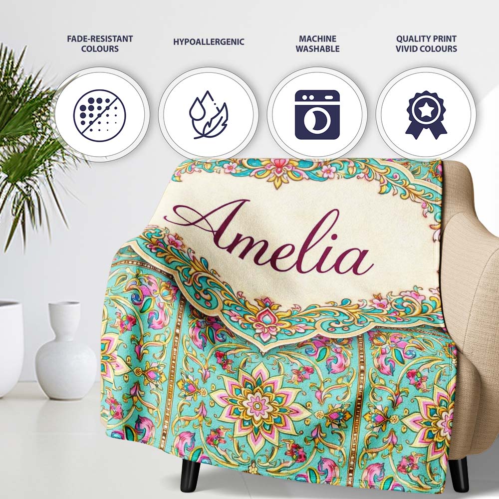 Teal Pink Mandala Floral Tile Pattern Decorative Symmetry Lovely  Personalised Custom Name Super Soft Fleece Blanket Bed Sofa Throw