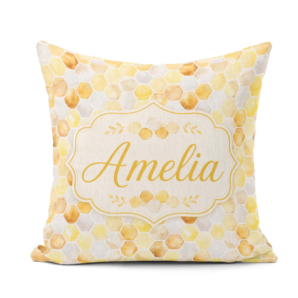 Custom Name Watercolor Honeycomb Hexagon Sweet Seamless Pattern Square Filled Cushion Throw Pillow Sofa Bed Home Decor Zip Washable UK Made