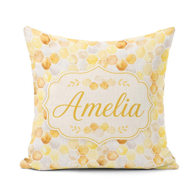 Custom Name Watercolor Honeycomb Hexagon Sweet Seamless Pattern Square Filled Cushion Throw Pillow Sofa Bed Home Decor Zip Washable UK Made