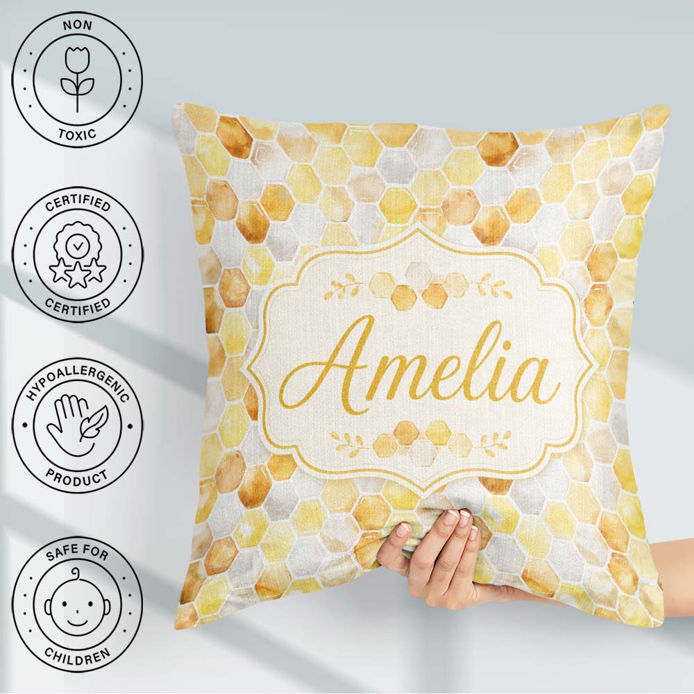 Custom Name Watercolor Honeycomb Hexagon Sweet Seamless Pattern Square Filled Cushion Throw Pillow Sofa Bed Home Decor Zip Washable UK Made