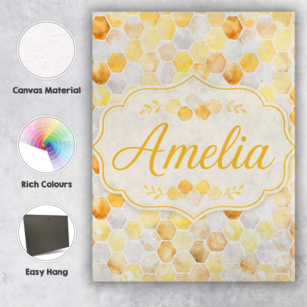 Personalised Name Watercolor Honeycomb Custom  Modern Room Accent Elegant Feature Canvas Wall Art Print Decor Picture Ready to Hang