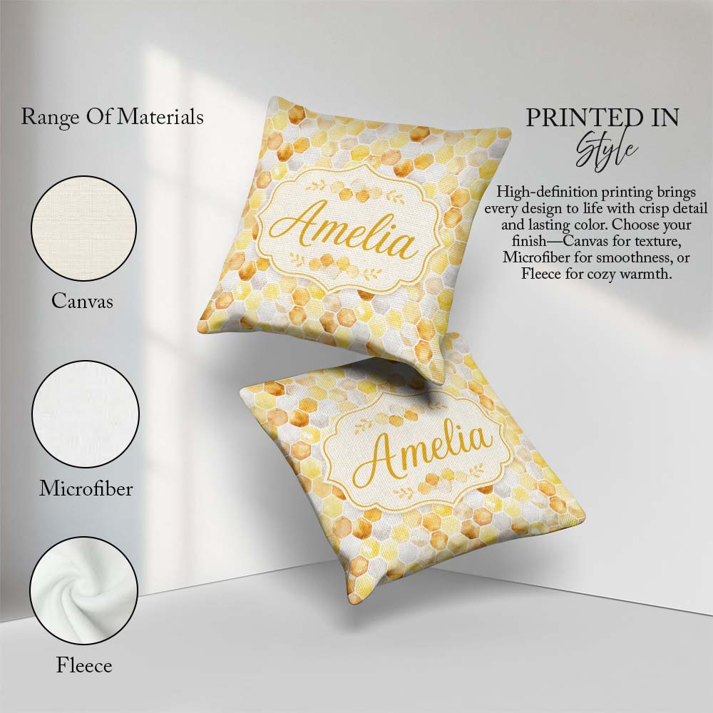 Custom Name Watercolor Honeycomb Hexagon Sweet Seamless Pattern Square Filled Cushion Throw Pillow Sofa Bed Home Decor Zip Washable UK Made