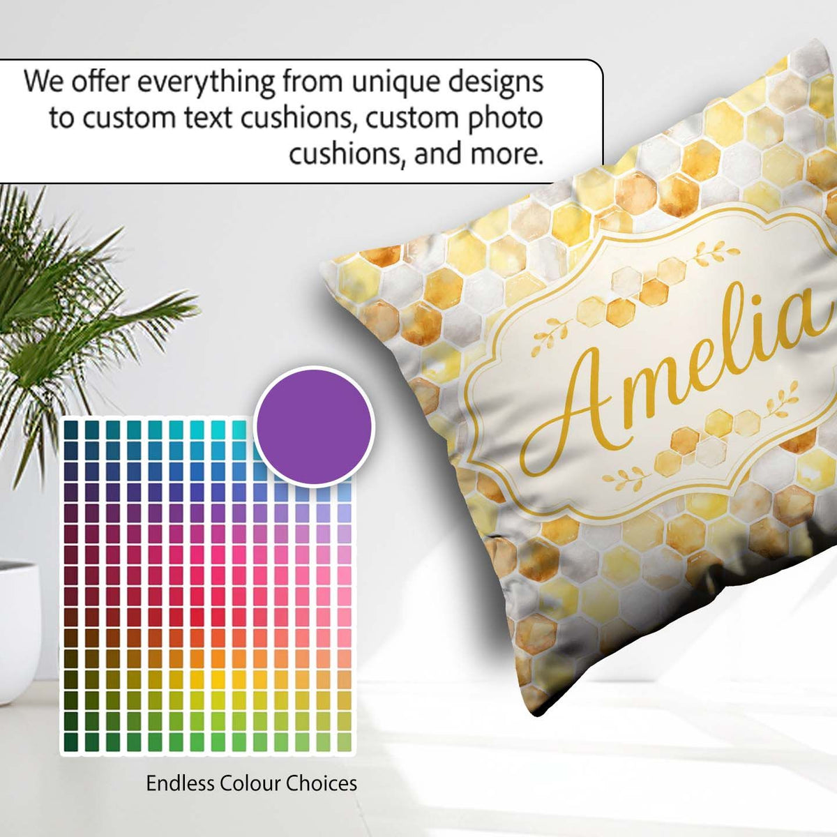 Custom Name Watercolor Honeycomb Hexagon Sweet Seamless Pattern Square Filled Cushion Throw Pillow Sofa Bed Home Decor Zip Washable UK Made
