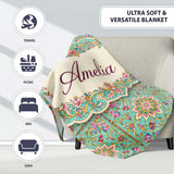 Teal Pink Mandala Floral Tile Pattern Decorative Symmetry Lovely  Personalised Custom Name Super Soft Fleece Blanket Bed Sofa Throw