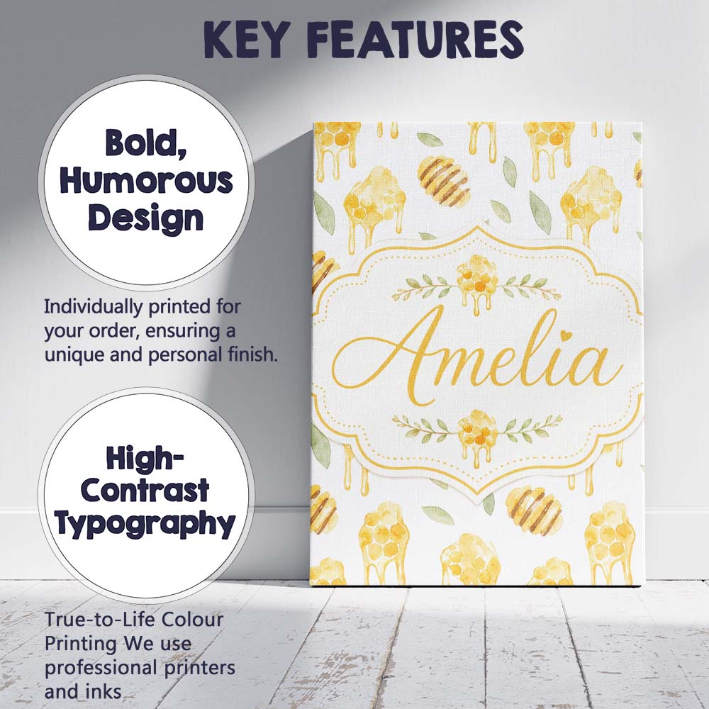 Personalised Name Golden Honey Drip and Custom  Modern Room Accent Elegant Feature Canvas Wall Art Print Decor Picture Ready to Hang