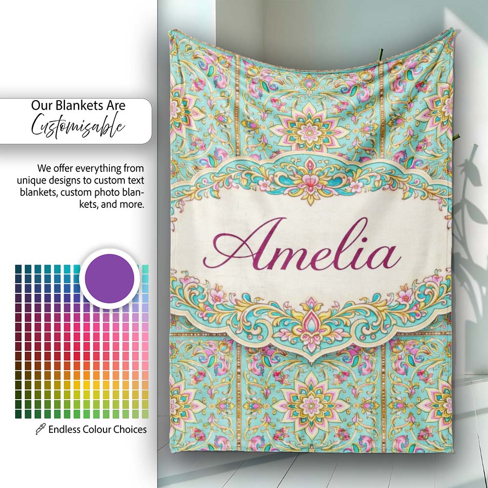 Teal Pink Mandala Floral Tile Pattern Decorative Symmetry Lovely  Personalised Custom Name Super Soft Fleece Blanket Bed Sofa Throw