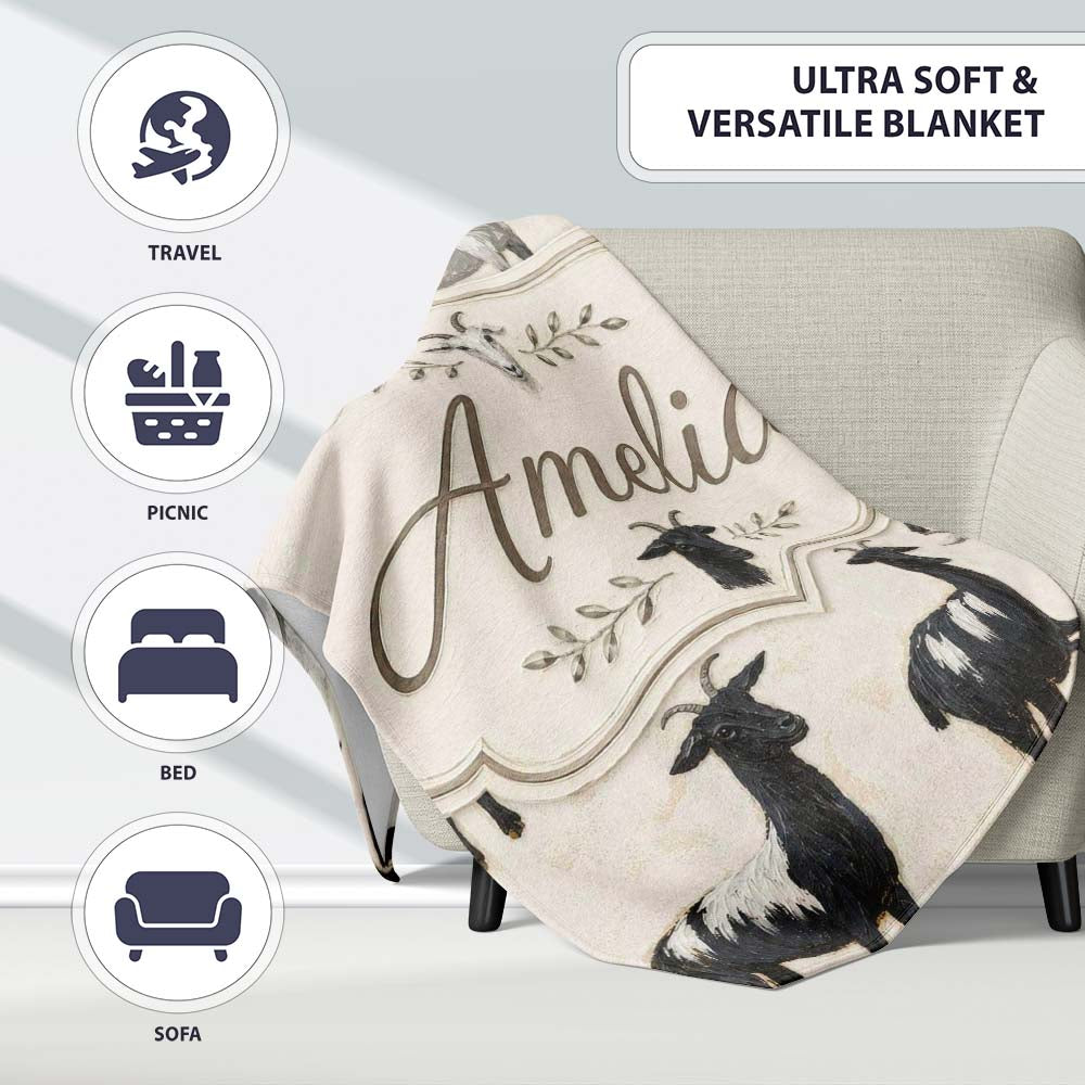 Black and White Farm Goat Rustic Animal Seamless Pattern Lovely  Personalised Custom Name Super Soft Fleece Blanket Bed Sofa Throw