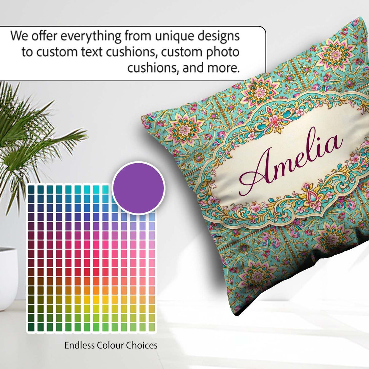 Custom Name Teal Pink Mandala Floral Pattern Decorative Symmetry Square Filled Cushion Throw Pillow Sofa Bed Home Decor Zip Washable UK Made