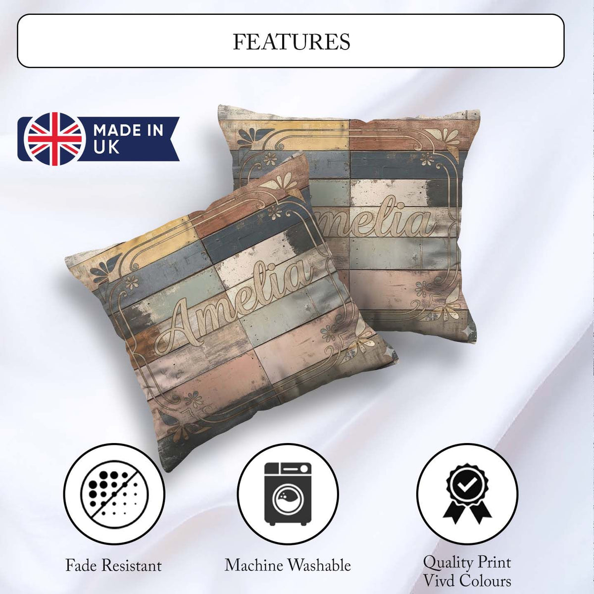 Custom Name Pastel Painted Wooden Plank Shabby Seamless Pattern Square Filled Cushion Throw Pillow Sofa Bed Home Decor Zip Washable UK Made