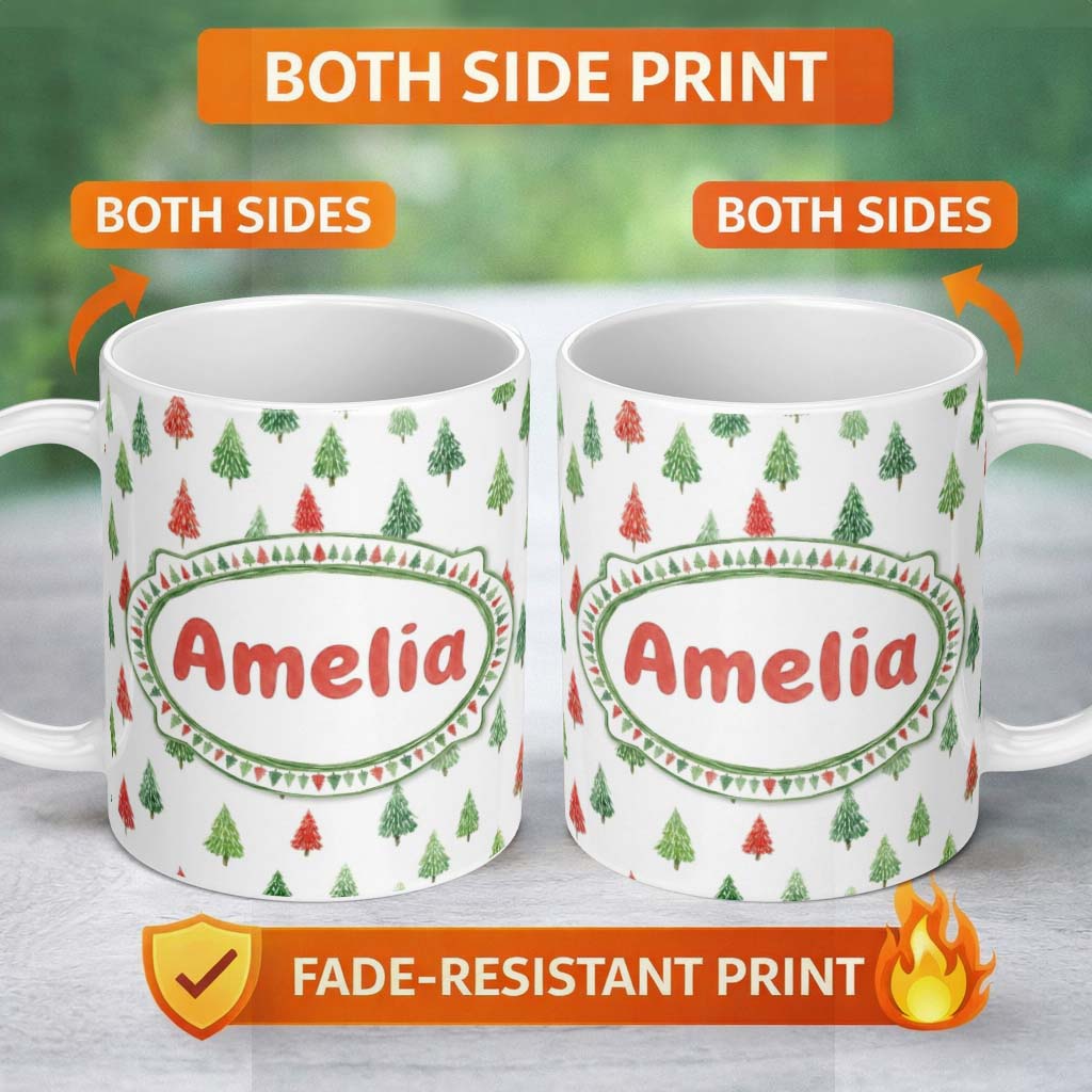 Personalized Custom Name Watercolor Mini Christmas Trees Red Green Holiday Seamless Pattern 11oz Ceramic Coffee Tea Mug White Large Handle