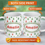 Personalized Custom Name Watercolor Mini Christmas Trees Red Green Holiday Seamless Pattern 11oz Ceramic Coffee Tea Mug White Large Handle