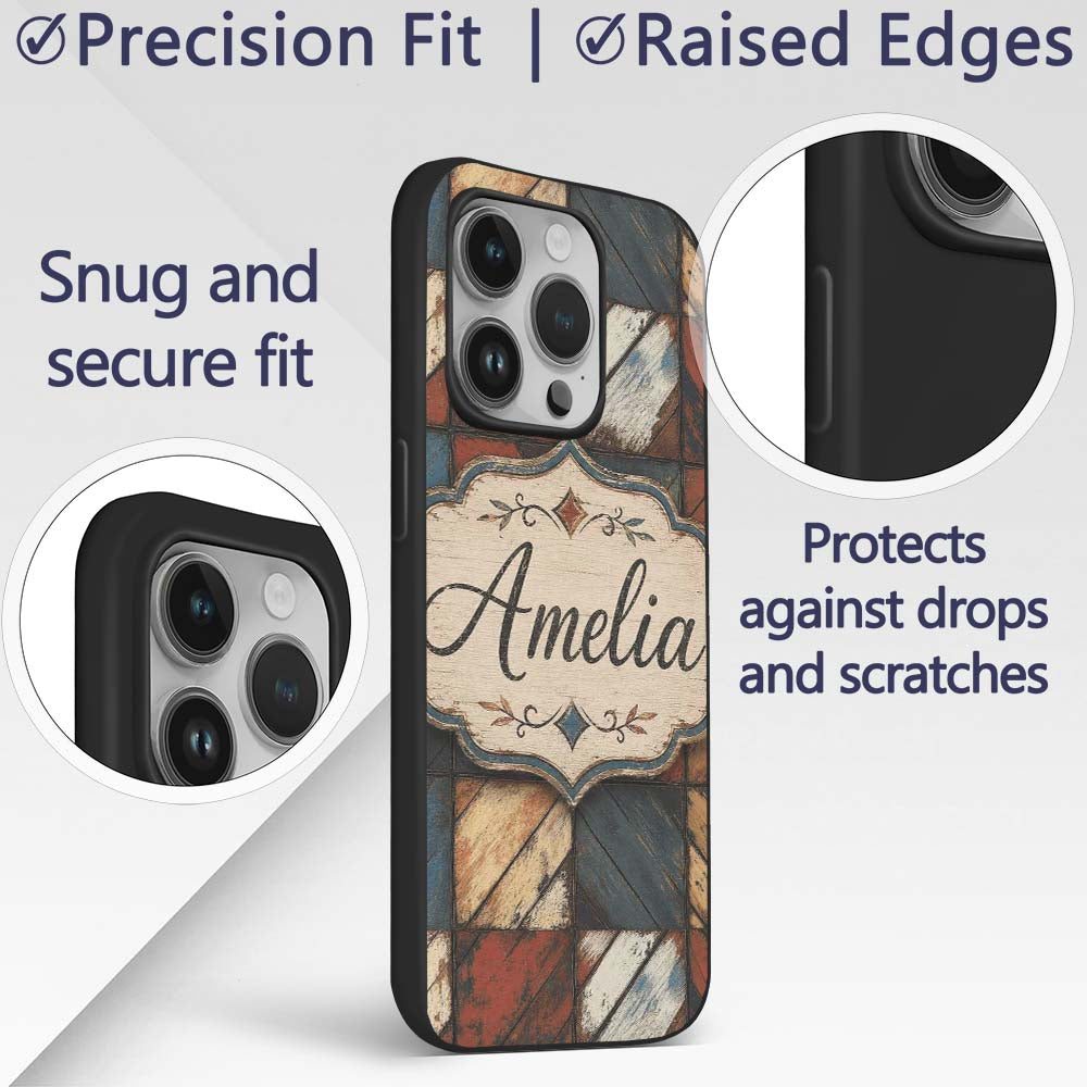 Rustic Multicolor Wood Tile Geometric Patchwork Custom Name Protective Phone Case Mobile Cover Durable Everyday Smartphone Shock Resistant