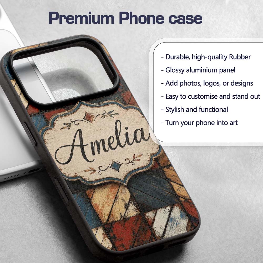 Rustic Multicolor Wood Tile Geometric Patchwork Custom Name Protective Phone Case Mobile Cover Durable Everyday Smartphone Shock Resistant