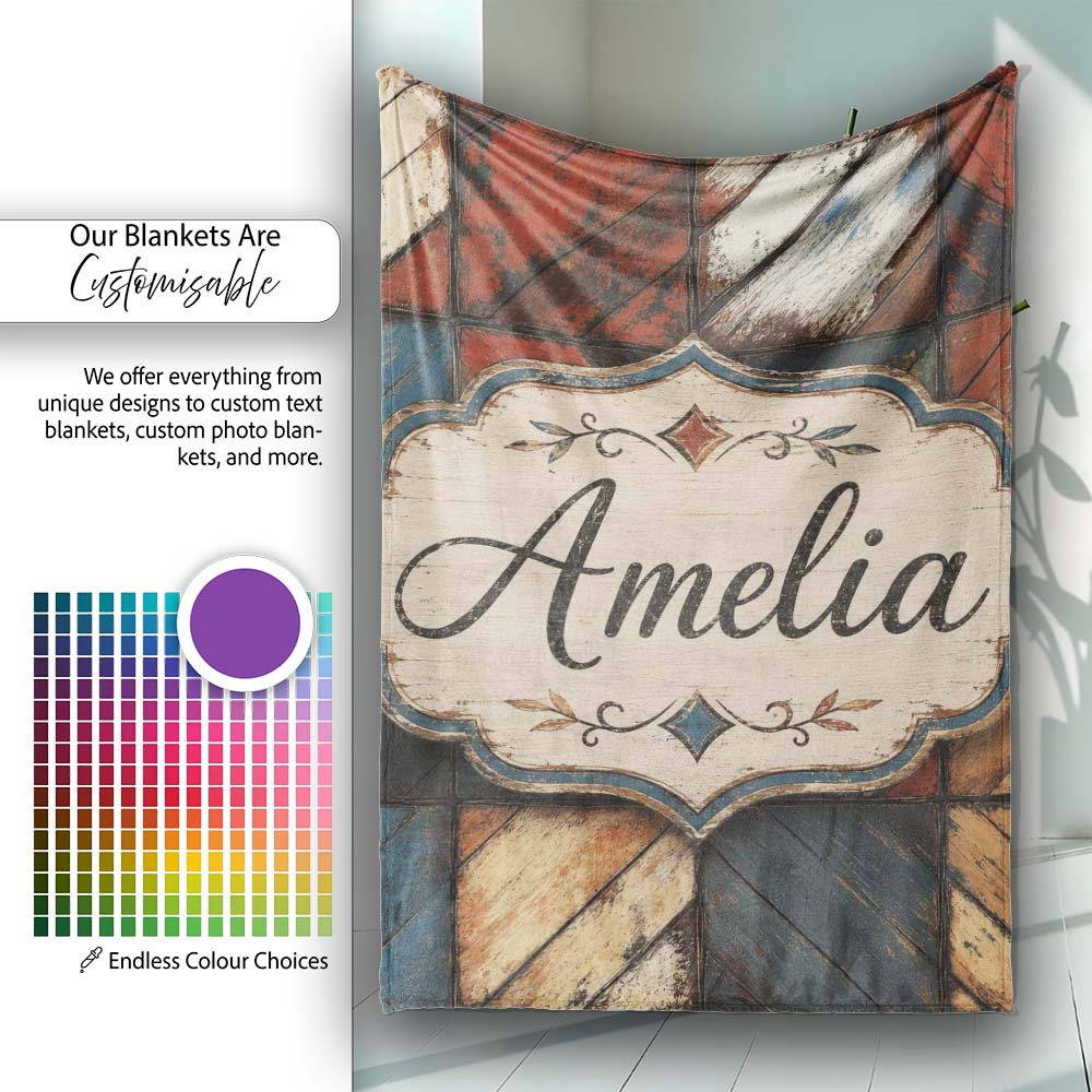 Rustic Multicolor Wood Tile Geometric Patchwork Seamless Pattern  Personalised Custom Name Super Soft Fleece Blanket Bed Sofa Throw