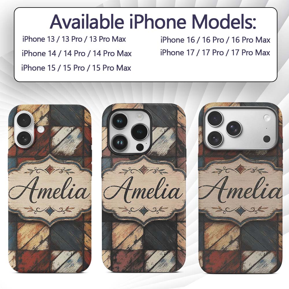 Rustic Multicolor Wood Tile Geometric Patchwork Custom Name Protective Phone Case Mobile Cover Durable Everyday Smartphone Shock Resistant
