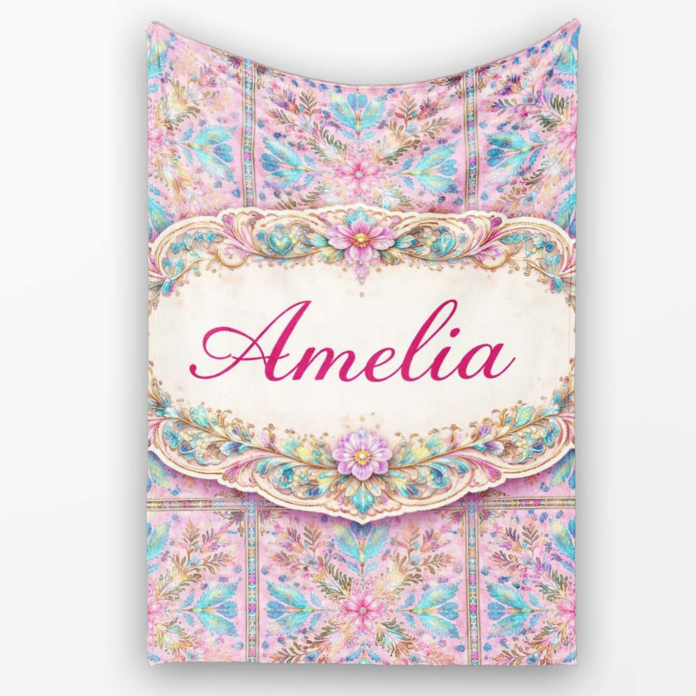 Pastel Pink Teal Folk Art Floral Tile Pattern Decorative Lovely  Personalised Custom Name Super Soft Fleece Blanket Bed Sofa Throw