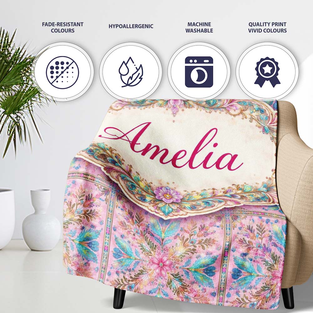 Pastel Pink Teal Folk Art Floral Tile Pattern Decorative Lovely  Personalised Custom Name Super Soft Fleece Blanket Bed Sofa Throw